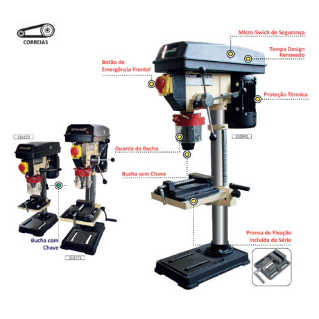 Engenho de Furar de Coluna 16mm 550W 220V POWERED PDP25016S12