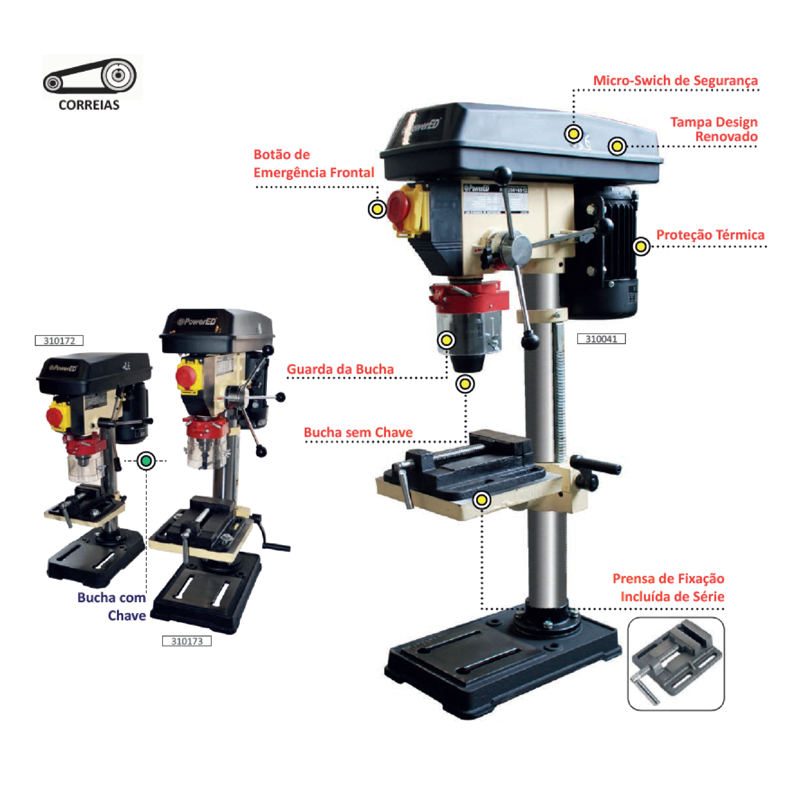Engenho de Furar de Coluna 16mm 550W 220V POWERED PDP25016S12