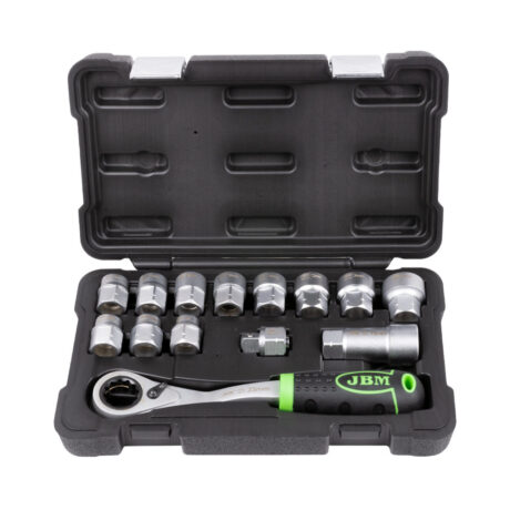 Estojo de ferramentas go-through de 14 peças com soquetes de 1/2" – acabamento zincado JBM 54090